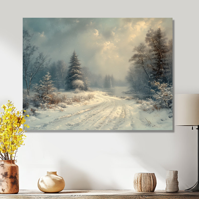 «White Grey Winter route into forest III - Winter Landscape», art mural sur toile, Métal métal, H 16 po x l 32 po