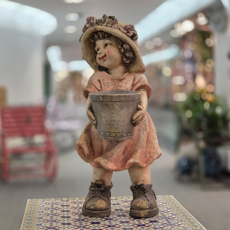 27 po Grande figurine de jardin de style campagnard avec pot de fleurs