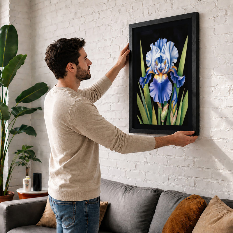 Iris in Blue and Gold Botanical - Framed Print, Walnut, A4 - 29.7 x 21.0 cm
