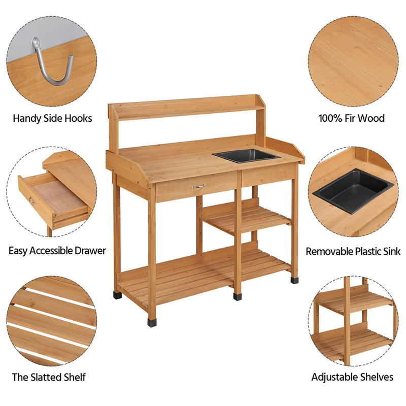 Potting Bench Table with Removable Sink, Wood