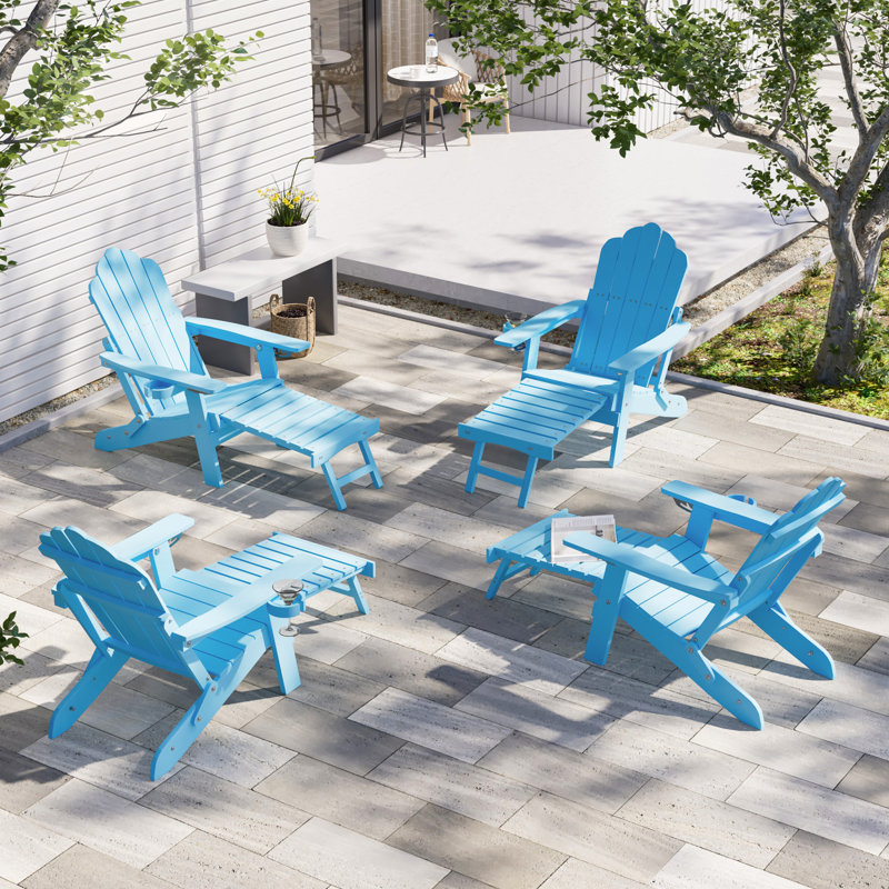 set of 4 HIPS Folding Adirondack Chair Adjustable Chair with Ottoman Fire Pit Patio Chair for Outdoor, Lake Blue