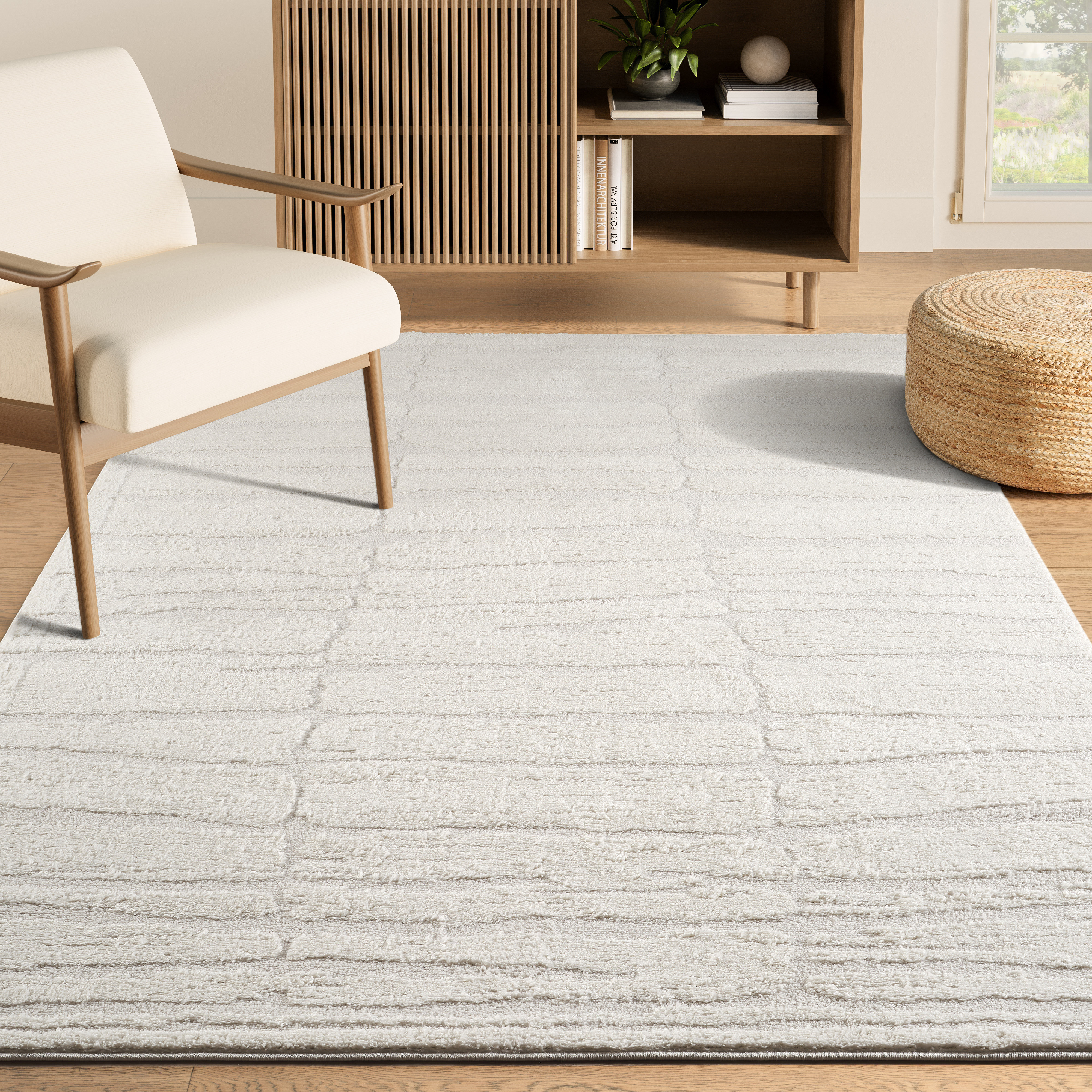 Linear Dynamic Rugs Ebern Designs Abani Rugs NOM200A Textured Linear Cream Area Rug ...