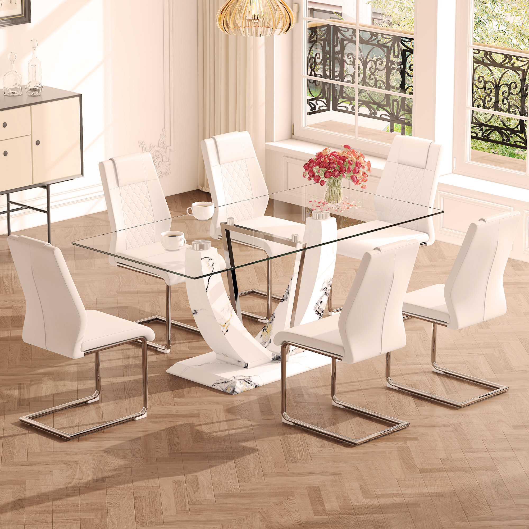 Ivy Bronx Table and chair set, large modern rectangular glass table ...