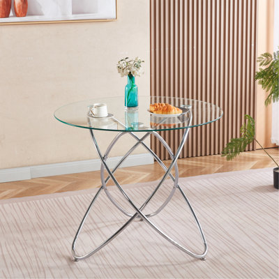 Table de salle à manger moderne en verre trempé avec pieds en métal chromé, table de cuisine compacte pour le salon