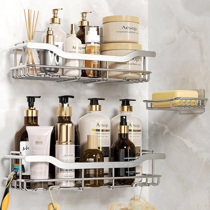 Adhesive Shower Caddy 3-Pack, No Drilling Rustproof Bathroom Organizer With Soap Holder And Hooks, Strong Hold Shower Shelves For Bathroom Storage