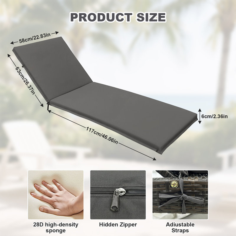 All-Weather Patio Chaise Lounge Cushion With 28D High-Density Foam, Waterproof Fabric, And Washable Cover For Pool And Garden Recliners