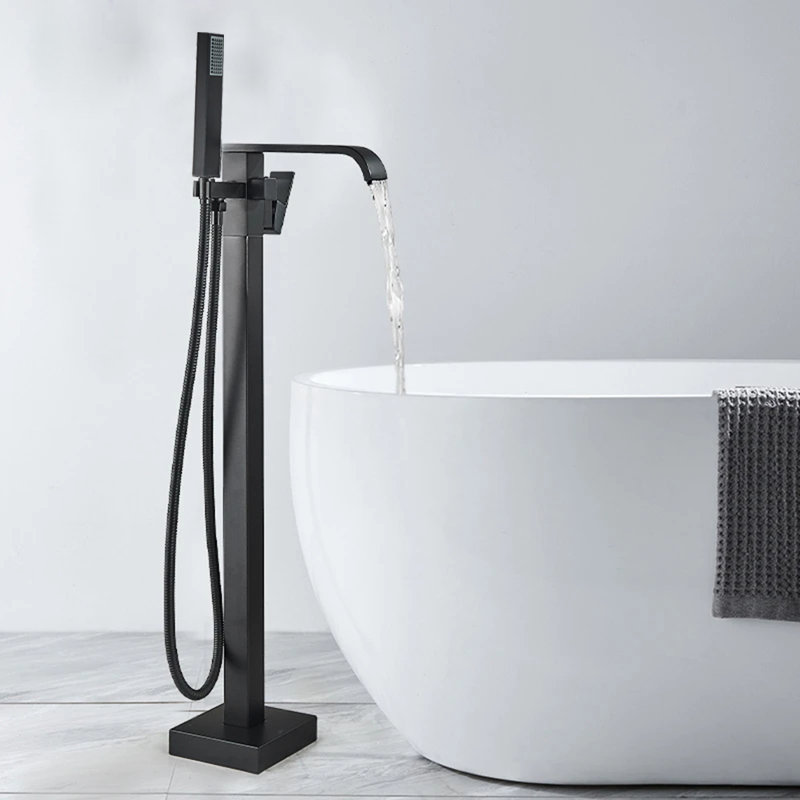 Robinet de baignoire autoportant monocommande à fixation au sol avec douche à main, Noir mat
