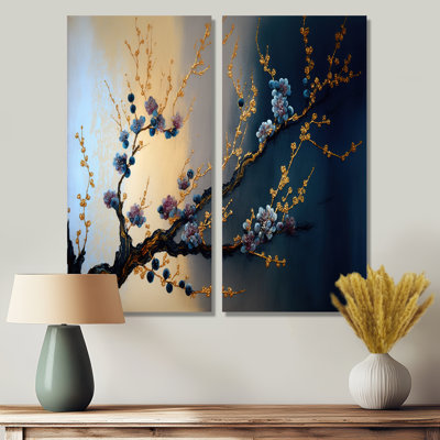 Branche de cerisier bleu I - paysages, bonsaï sur toile, 2 pièces