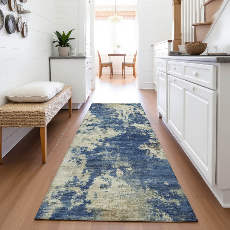 Machine Washable Indoor/Outdoor Xhevrie Navy Rug, Runner 2'3" x 7'6"