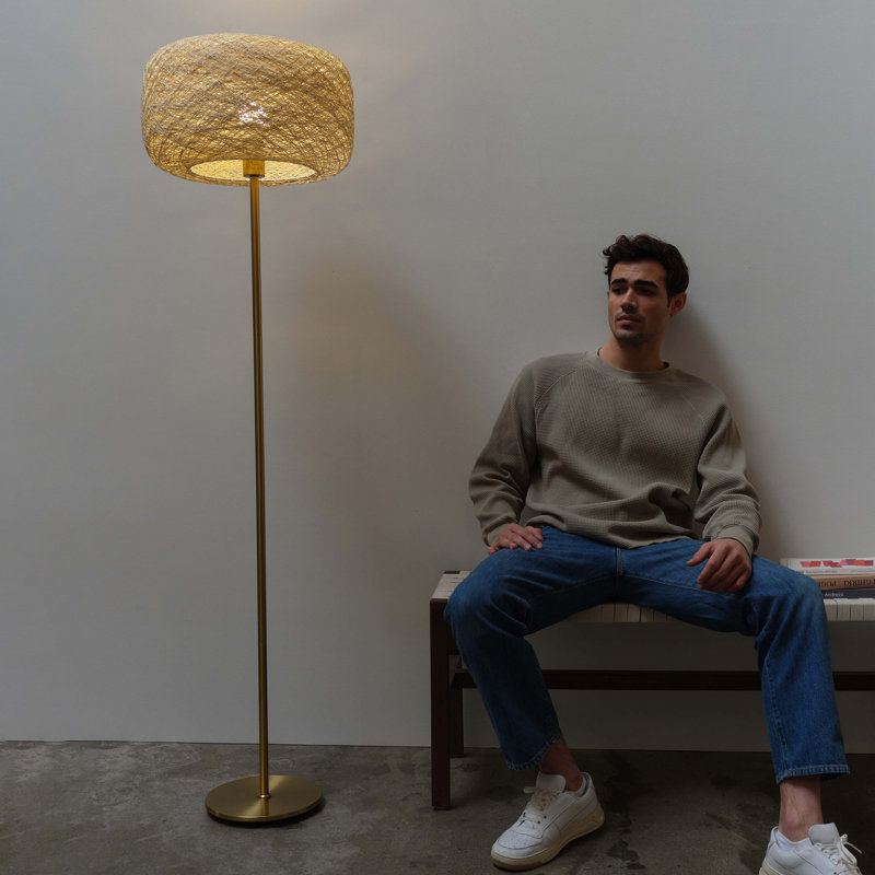 Elegant Gold LED Floor Lamp with Woven Shade