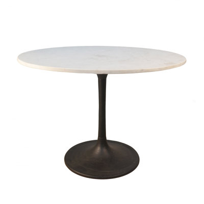  40" White And Black Rounded Marble And Iron Pedestal Base Dining Table