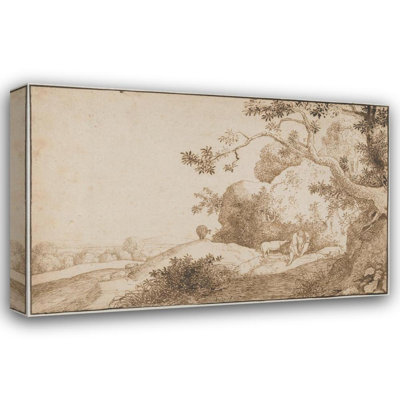 «Paysage de montagne avec une vue lointaine derrière» par Hendrikik. Vroom - Art mural sur toile tendue avec châssis