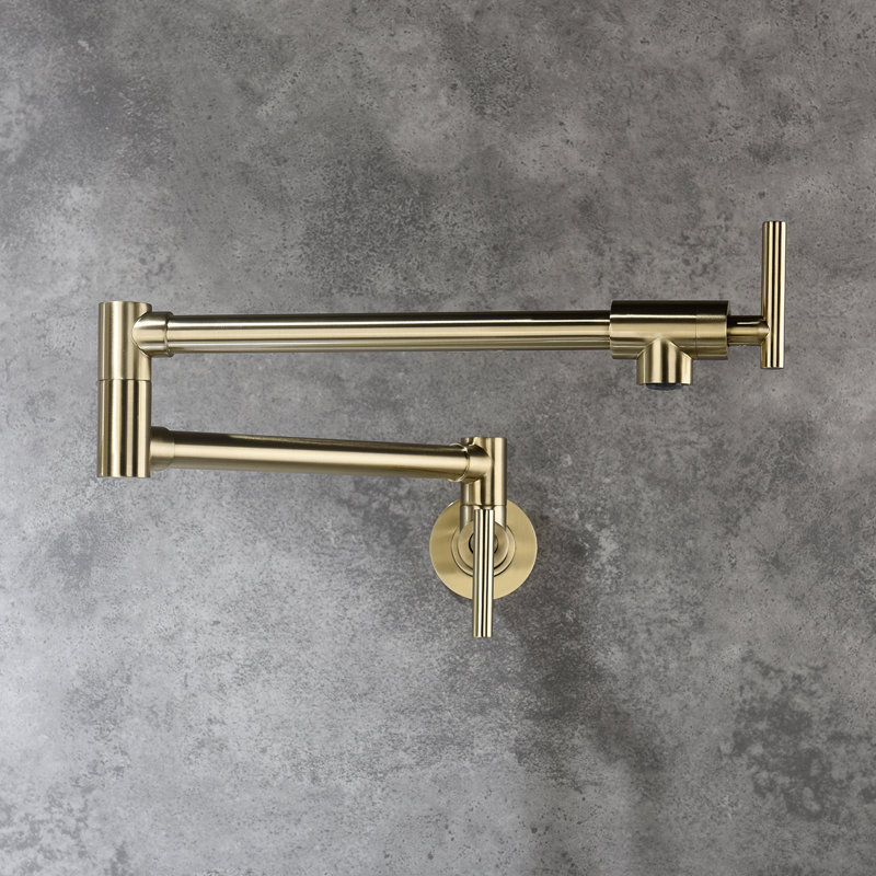 Pot Filler Faucet In Gold Wall Mount - Double Handles For Precise Water Release, Corrosion & Fingerprint- Materials Employed Arm Convenience And Functionality, Consistent Flow, To Corrosion