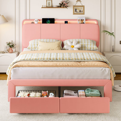  Queen Size Velvet Upholstered Bed Frame With Headboard & 2 Storage Drawers,princess Platform Bed Frame With Charging Station & Led,no Box Spring Needed,pink