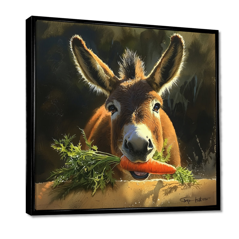 «Whimsical Donkey Carrot» - impression murale d'âne, Reproduction avec cadre flottant, Noir, H 16 po x l 16 po
