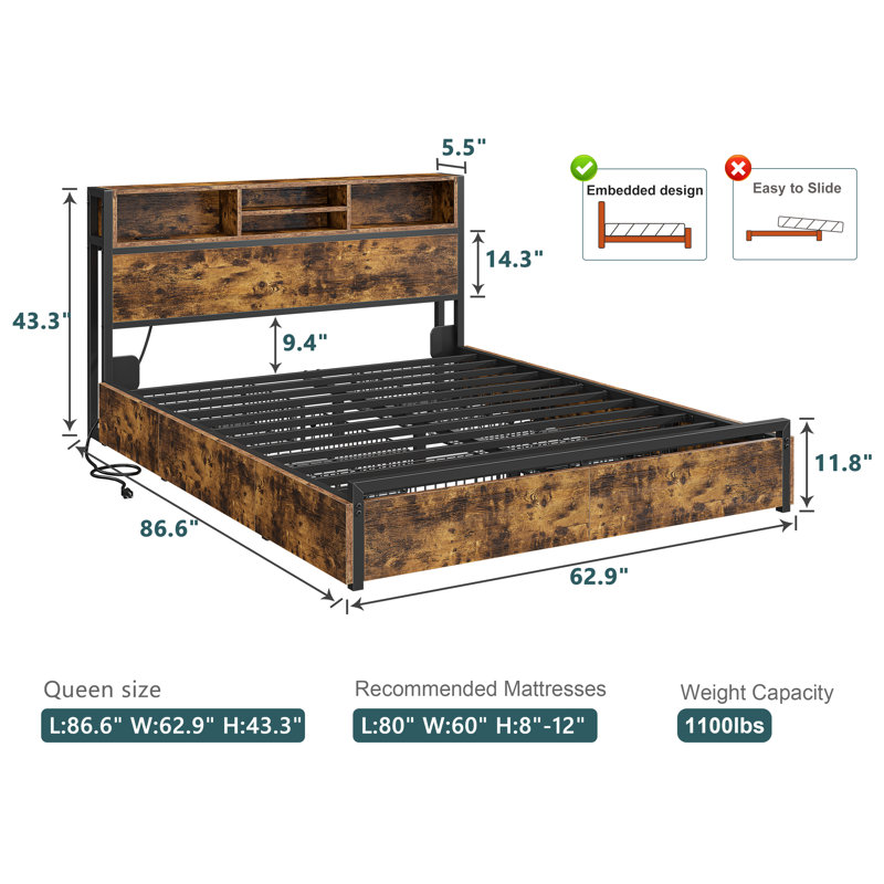 Weissmann Bed Frame with Bookcase Headboard, 6-Drawer Storage & Charging Station ,Full/Queen/King, Queen, Rustic Brown