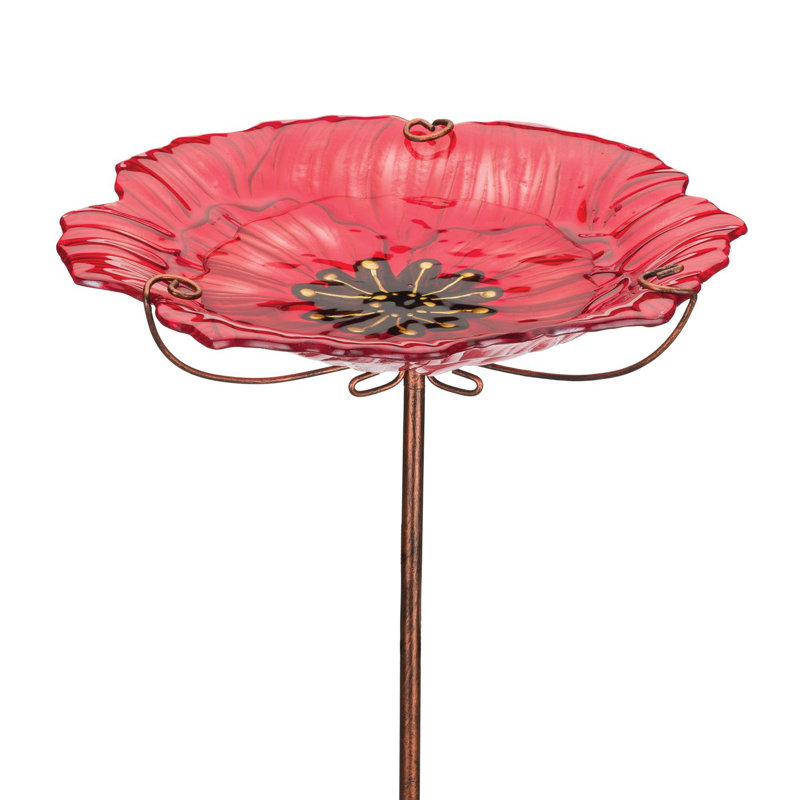 Poppy Red Glass Birdbath Feeder with Stand, 12''x12''x25''