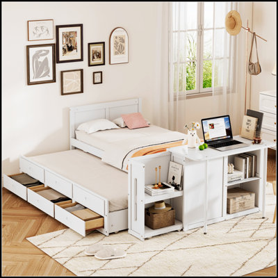 Lit plateforme multifonctionnel en bois avec bureau et tablette de rangement pour économiser de l'espace et organiser