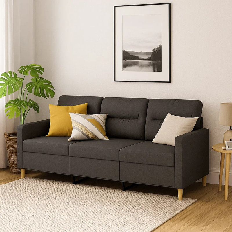 Canapé moderne 3 places en polyester gris foncé, aspect minimaliste 78 pouces