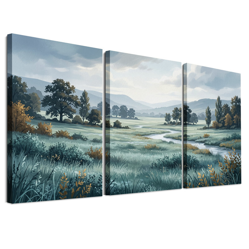 Ensemble de 3 toiles murales « Collines brumeuses et ruisseau sinueux », 24"H x 16"W x 3pcs