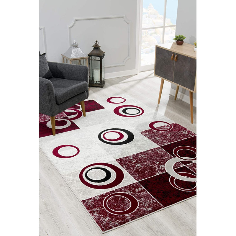Tapis rouge à motif abstrait Dhurrie 8 pi x 10 pi, Rectangle 5 pi x 8 pi