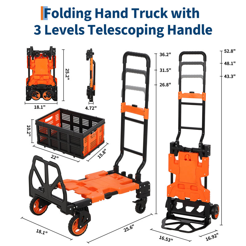 Chariot de manutention pliable 2 en 1, robuste et convertible (150 kg), avec panier pliable, cordon élastique, roues en caoutchouc et poignée rétractable. Parfait pour les déménagements, le bureau et le transport de bagages. Couleur : orange.