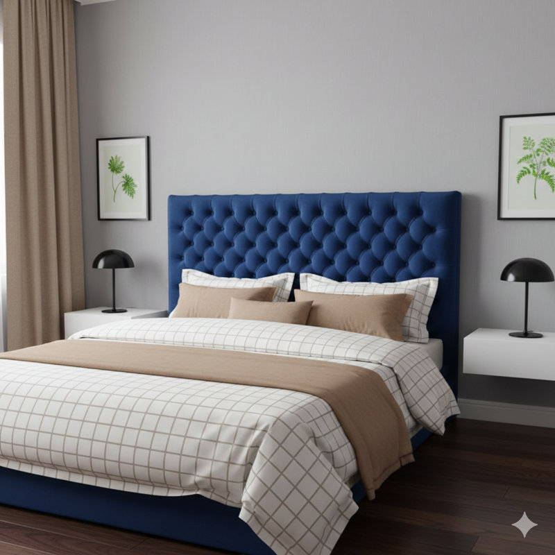 Tufted Upholstered Queen Size Bed Headboard In A Modern Button Design, An Adjustable Solid Wood Head Board, Mounted On Durable Metal Legs For The Bedroom.