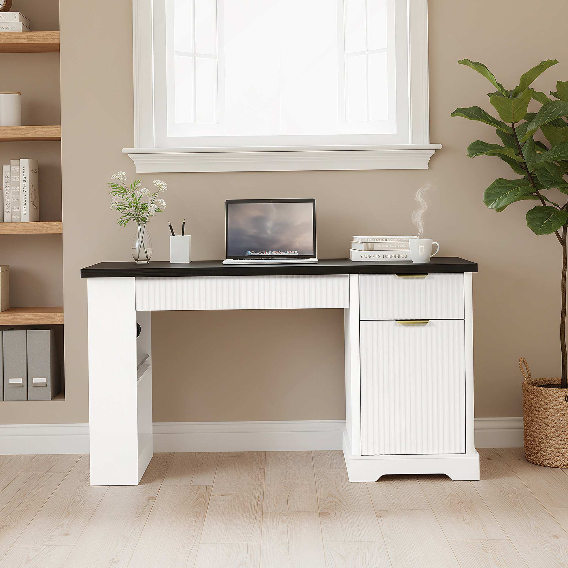 Latitude Run® 55" Modern Fluted Office Desk With Storage Cabinet ...
