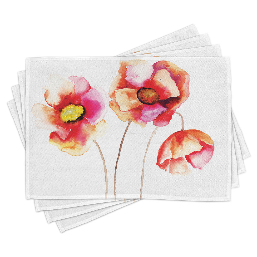 Platzdeckchen 4er Set, Aquarellblüten Mohnblumen, Rot Weiß