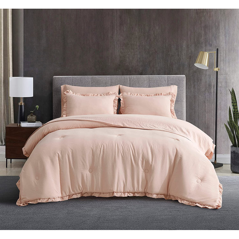 Ruffled Edge Microfiber Bed in a Bag Comforter Set, Queen Comforter + 6 Additional Pieces, Blush