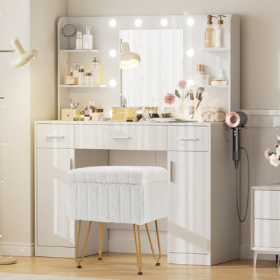 Lumina Makeup Vanity Desk Stool Set with LED Lighted Mirror & Power Outlet & 3 Drawers, 2 Cabinets by Ebern Designs