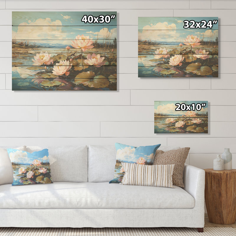 «By The Lake Lotus», art mural sur bois de pin naturel, H 10 po x l 20 po