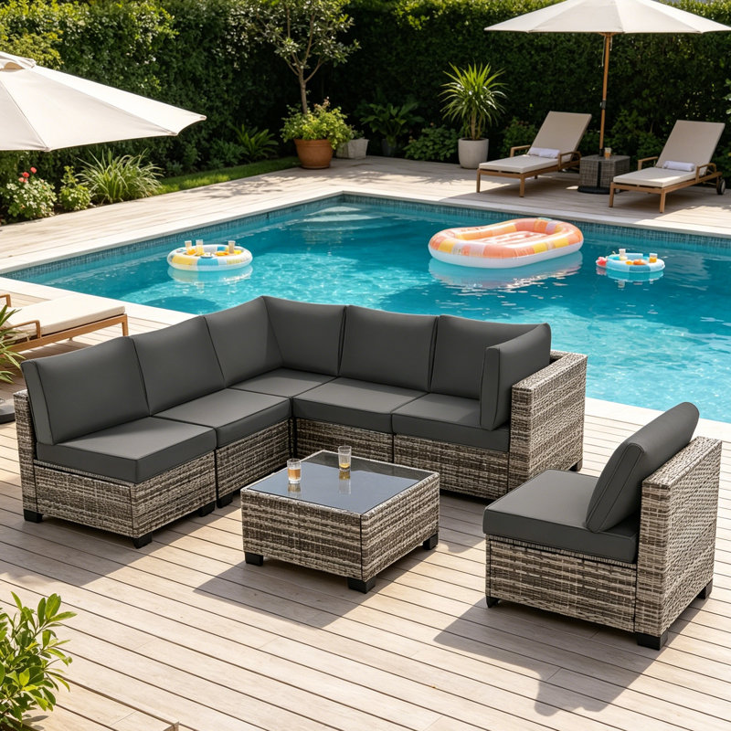 7-Piece Rattan Outdoor Sectional Seating Group with Cushions, Dark  Gray, Gray