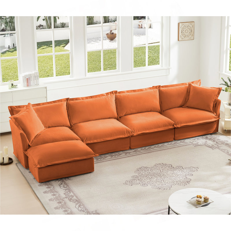 Canapé modulaire long en L avec housse avec housse, canapé 4 places avec accoudoirs souples, canapé à assise profonde en chenille avec 2 grands coussins, canapé confortable pour le salon, appartement, tissu en chenille, orange