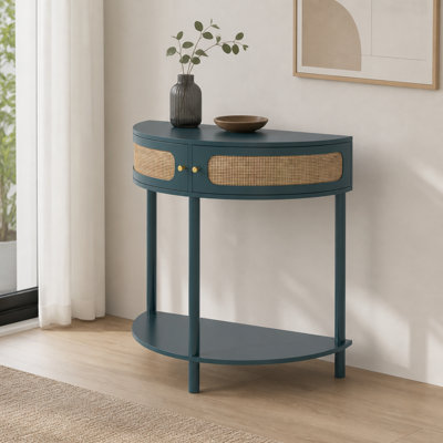 Unique Half Moon Design End Table with Sliding Rattan Door,Elegant Semi-circle Entryway Console Table with 2 Rattan Storage Cabinet and Bottom Shelf for Living room, Bedroom, Study, Hallway(Green)