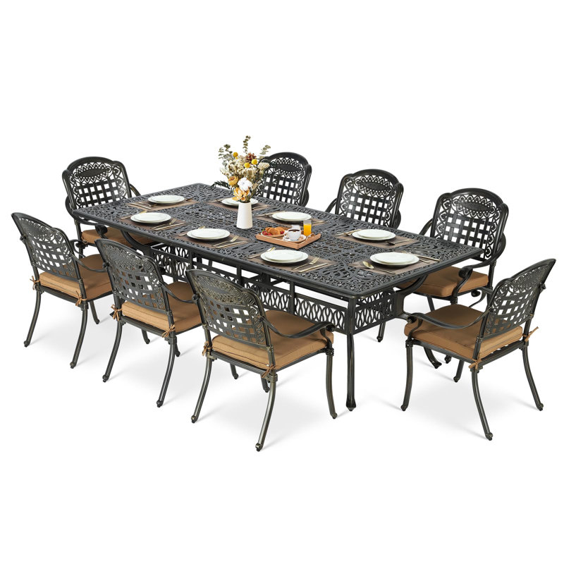 Wildon Home® 9-Piece Outdoor Patio Dining Set For 8, All Weather Cast Aluminum Patio Funiture Table And Chairs Set- 94.5" Rectangular Table And 8 Cushioned Chairs For Garden, 2" Umbrella Hole