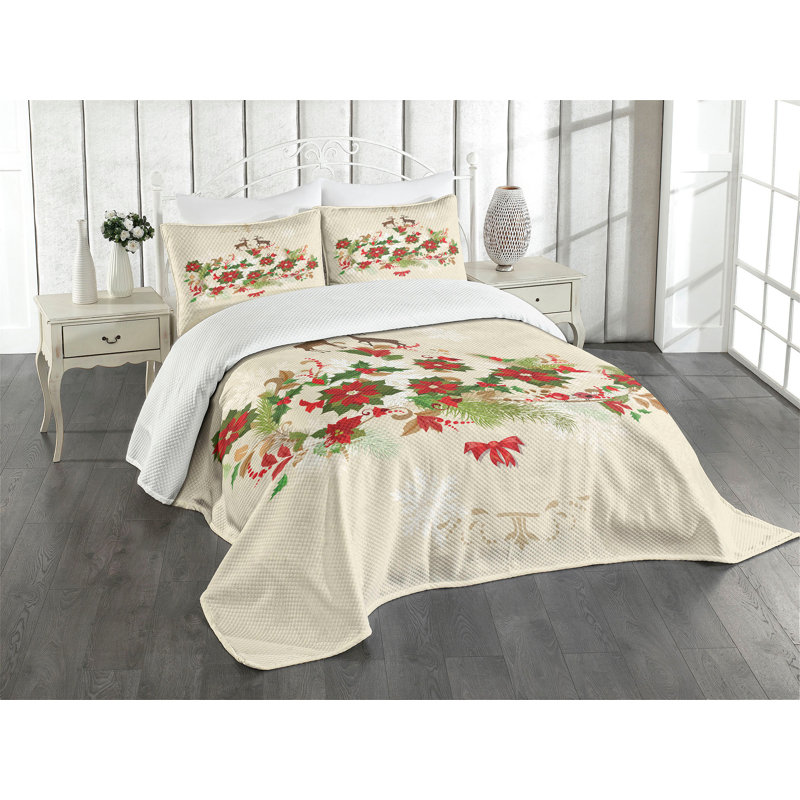White Quilted Queen Bedspread Set with Floral Design
