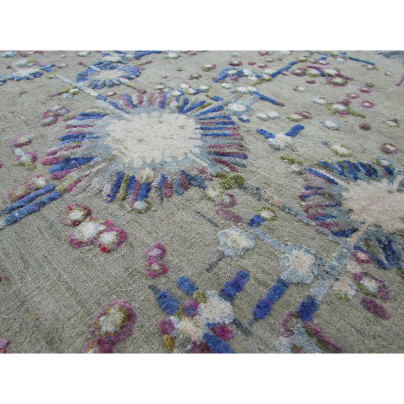Odyssey Post Modern Organic Abstract Beige Oat Blue Purple White Hand-Knotted Wool/Silk Designer Area Rug / Rug Size: Rectangle