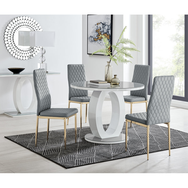 Scottsmoor 6 Seater High Gloss Round Dining Table Set with 6 Luxury Faux Leather Dining Chairs, Gray, Gray/Gold