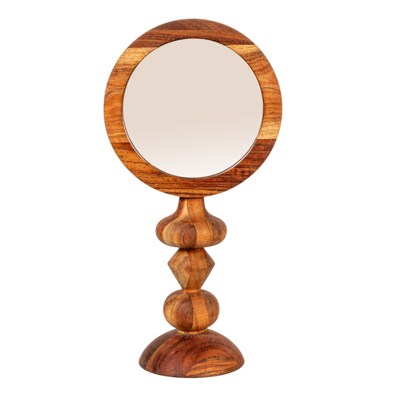 Miroir de table en bois d'acacia avec base en bois sculpté