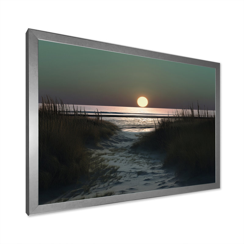 Pleine lune se levant à travers l'herbe de la plage I sur toile, H 34 po x l 44 po x P 1,5 po, Cadre simple argenté