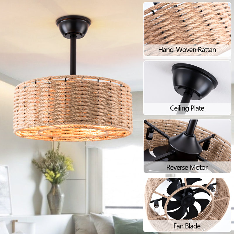 Beauchamp 18.9 " Farmhouse Remote Control Brown Rattan Caged Downrod Mount Flush Mount Ceiling Fan With Lighting Kits For Living Room/Bedroom