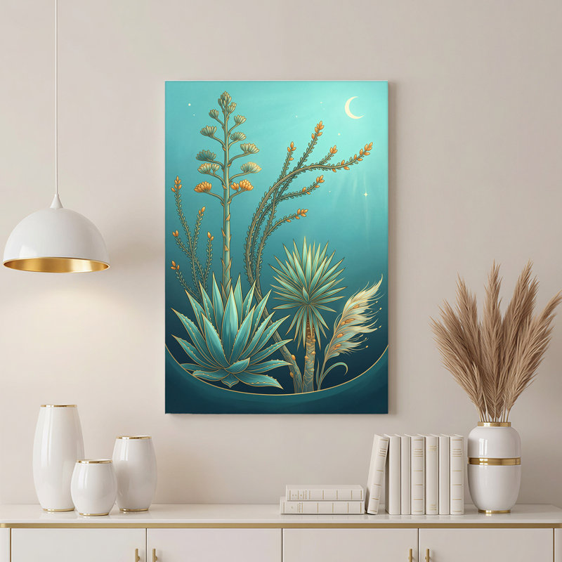 Toile agave sarcelle et yucca avec croissant de lune, art mural sur toile, 18"H x 12"W