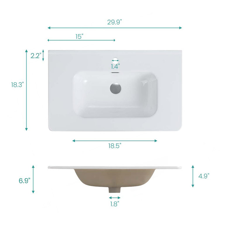 Integrated white ceramic basin, drain assembly NOT included