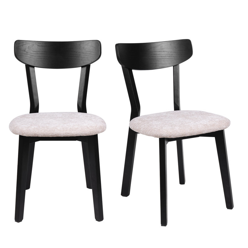 Solid Wood Dining Chairs, Armless Upholstered Modern Side Chairs With Linen Fabric Seat, Light Camel, Black