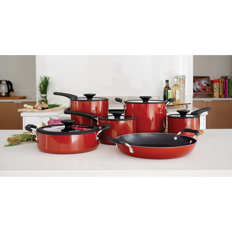 15-Piece Red Aluminum Nonstick Cookware Set with Enamel Finish