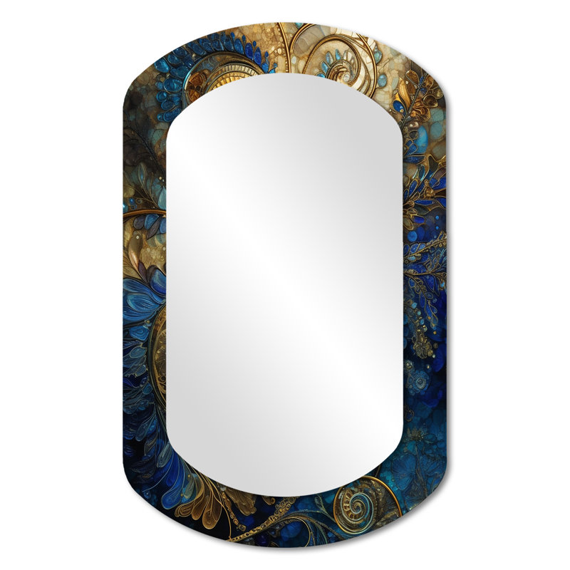 Miroir mural asymétrique bleu et or Melho de Boho II - Boho Feather, 31 po x 19 po