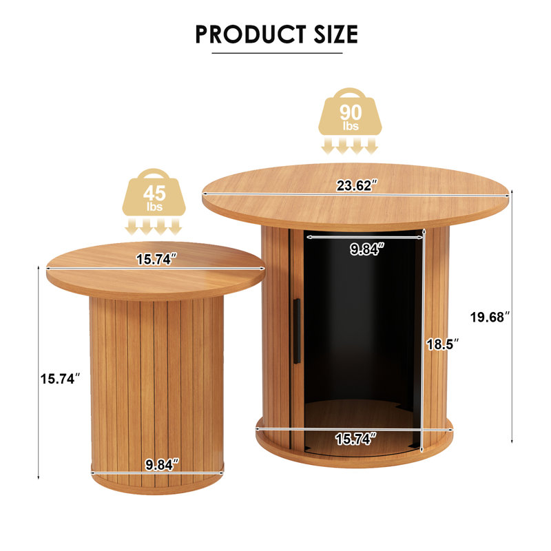 Wooden  Nesting Of Coffee Table With Metal Frame, Set Of 2 Spacious Top Coffee Table Sets With Hidden Storage Space, Natural