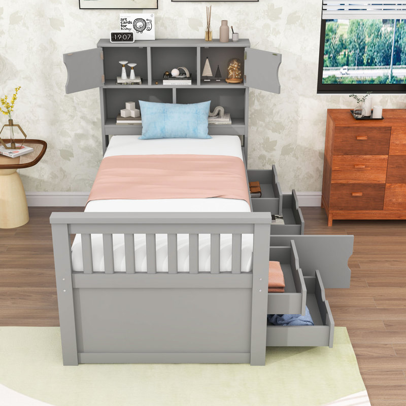 Lit simple en bois avec tête de lit bibliothèque et tiroirs de rangement intégrés, tablettes, Gris