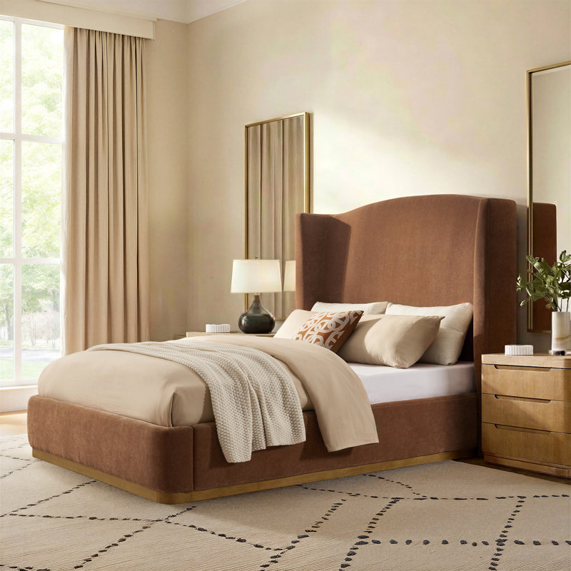 Waynesville Modern Upholstered Wingback Solid Wood Construction Platform Bed with chenille fabric and Rounded Corner, King